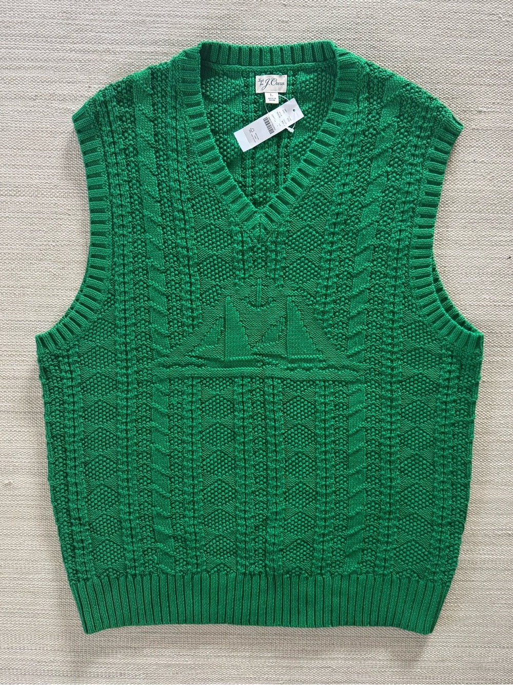J.Crew green cotton cable knit sweater vest with sailboat motif men’s size L NWT